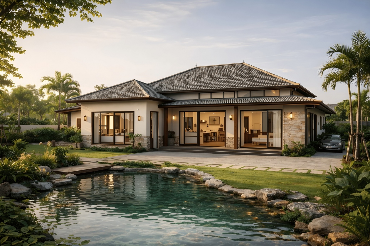 25+ Mẫu biệt thự nhà vườn mái Nhật 1 tầng nghỉ dưỡng đẹp, hiện đại