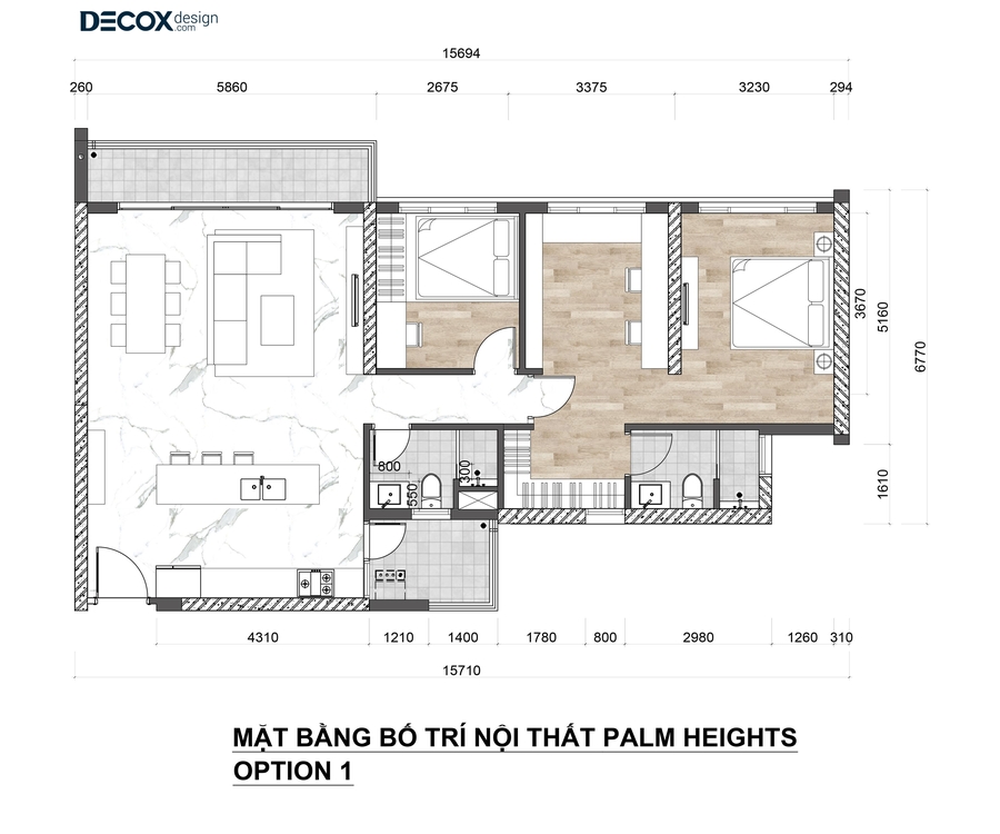 phương án biến 3 phòng ngủ thành 2 phòng ngủ