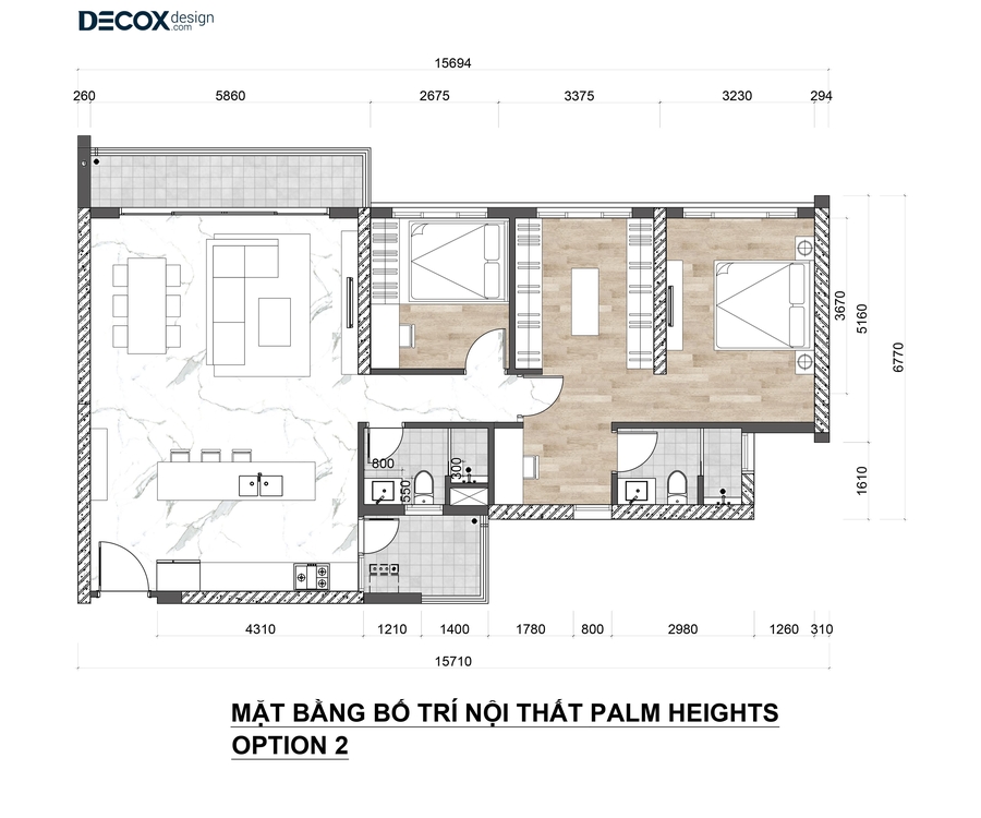 phương án biến 3 phòng ngủ thành 2 phòng ngủ
