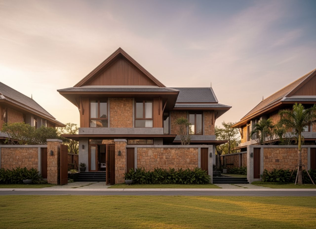 mẫu nhà mái thái 2 tầng ở nông thôn