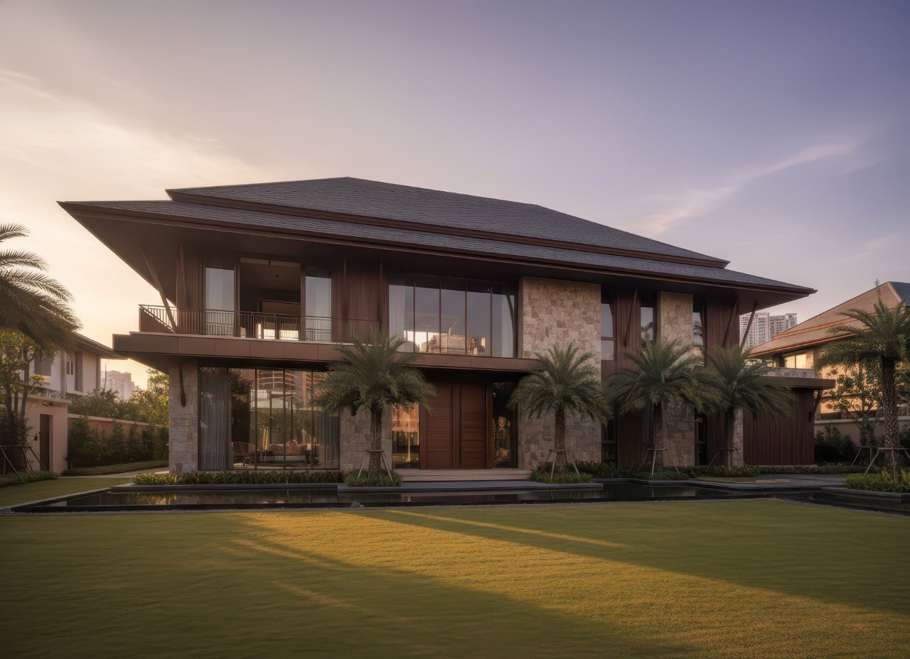 nhà mái thái 2 tầng 4 phòng ngủ 1 phòng thờ