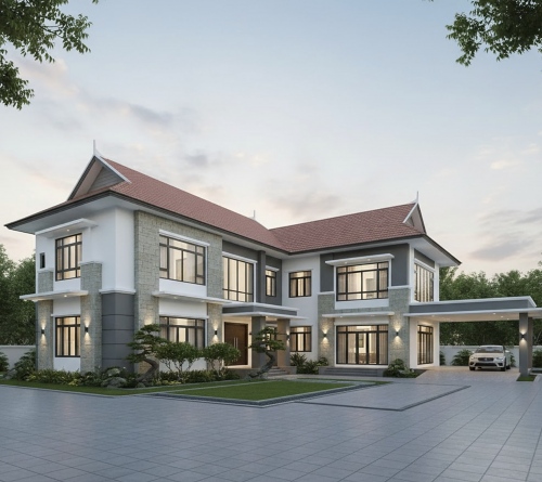 25+ Mẫu nhà mái Thái 2 tầng chữ L đẹp, đơn giản, tiện nghi